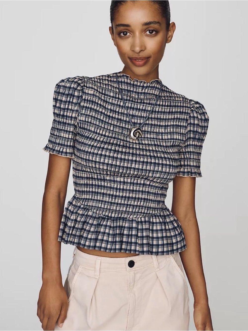 Reformation Navy & Cream Smocked Peplum Top